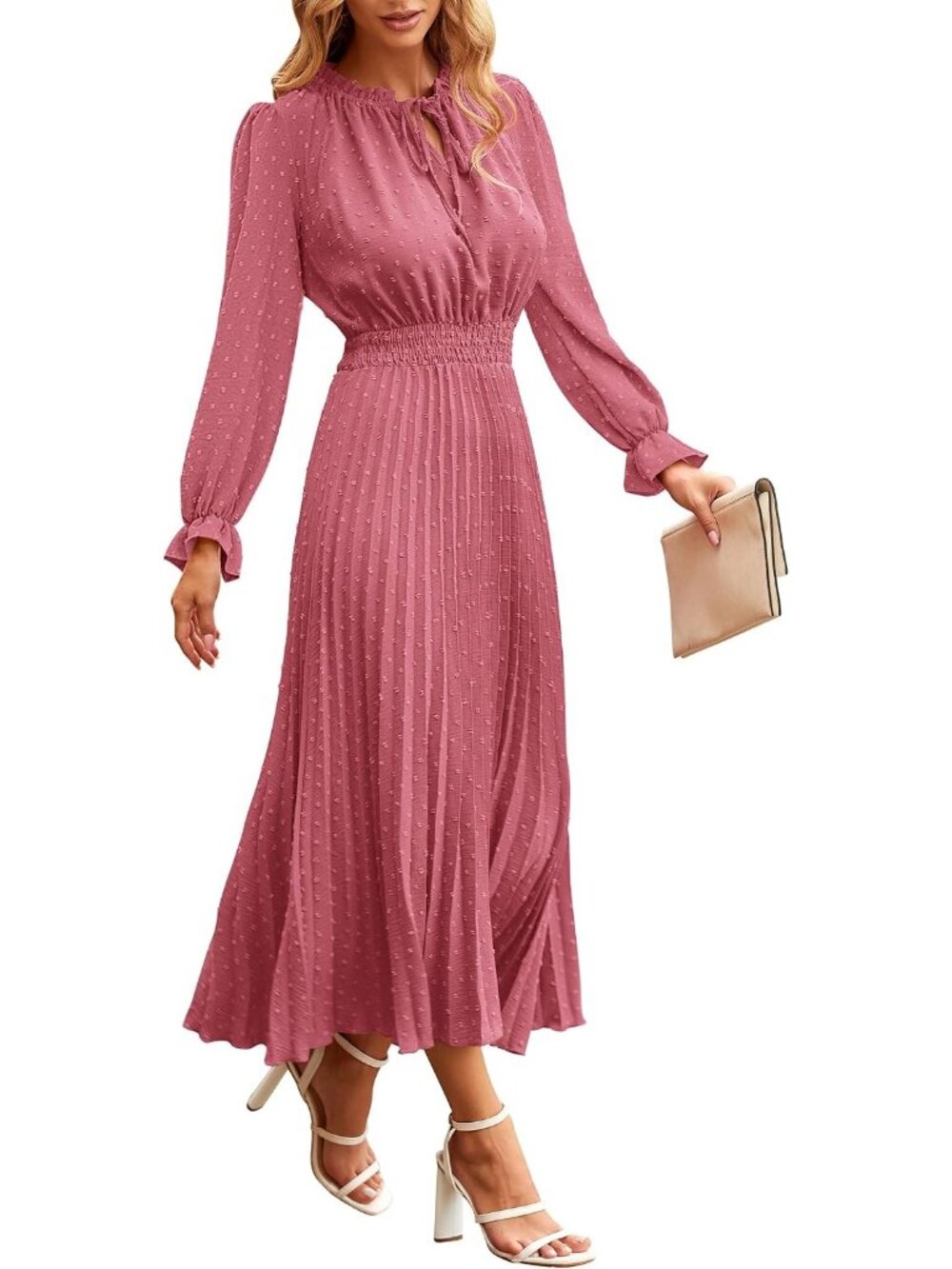 Women's Pink Fall Long Puff Sleeve V Neck Swiss Dot Wedding Guest Midi Dresses